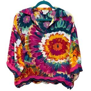 Tru Luxe Jeans Shirt Womens Small Multicolor Floral Boho 3/4 Sleeve Rayon Top